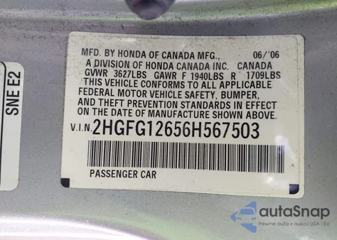 2006 Honda Civic Lx из США, поврежденный, VIN 2HGFG12656H567503